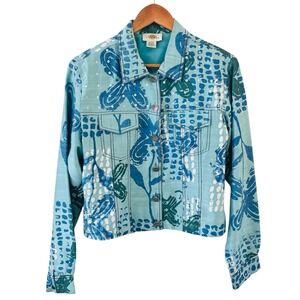 Sandy Starkman Silk Jacket Womens L Blue Floral Rhinestone Art To Wear Boho